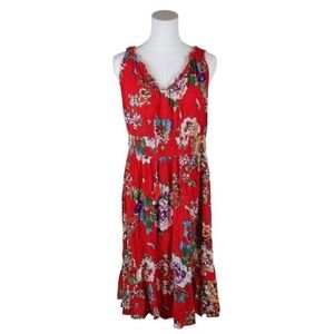 Bila Red Floral Sleeveless Boho Midi Dress XL Smocked Waist India Rayon